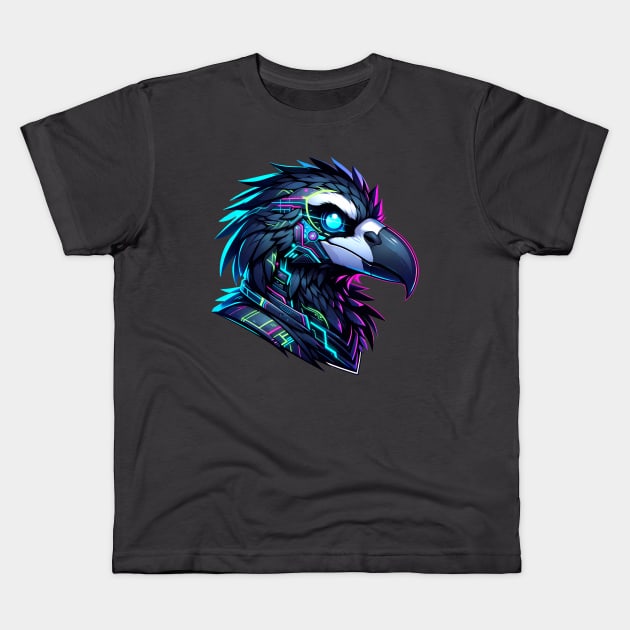 Cyberpunk Neon Anthro Avian Raven or Crow Kids T-Shirt by Blue Bull Bazaar